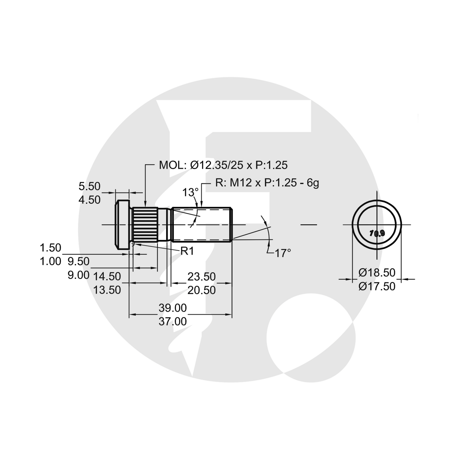 Perno de Rueda con Estría M12 x 1.25 x 38 mm – Grado 10.9