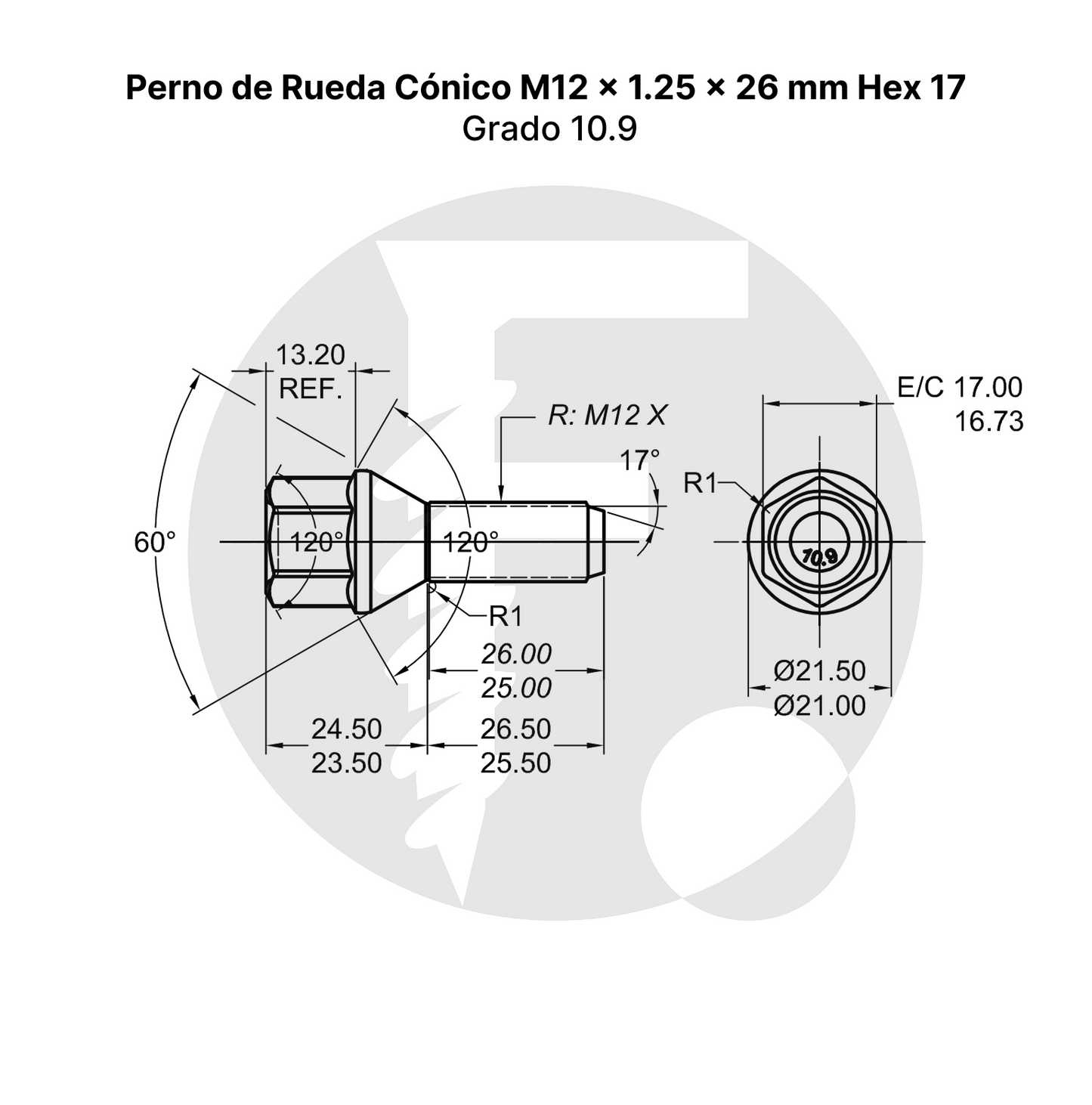 Perno de Rueda Cónico M12 x 1.25 x 26 mm Hex 17 – Grado 10.9