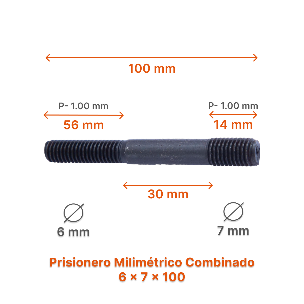 Prisionero Milimétrico Diámetro Combinado M6 x M7 P 1.00 – Varias Medidas