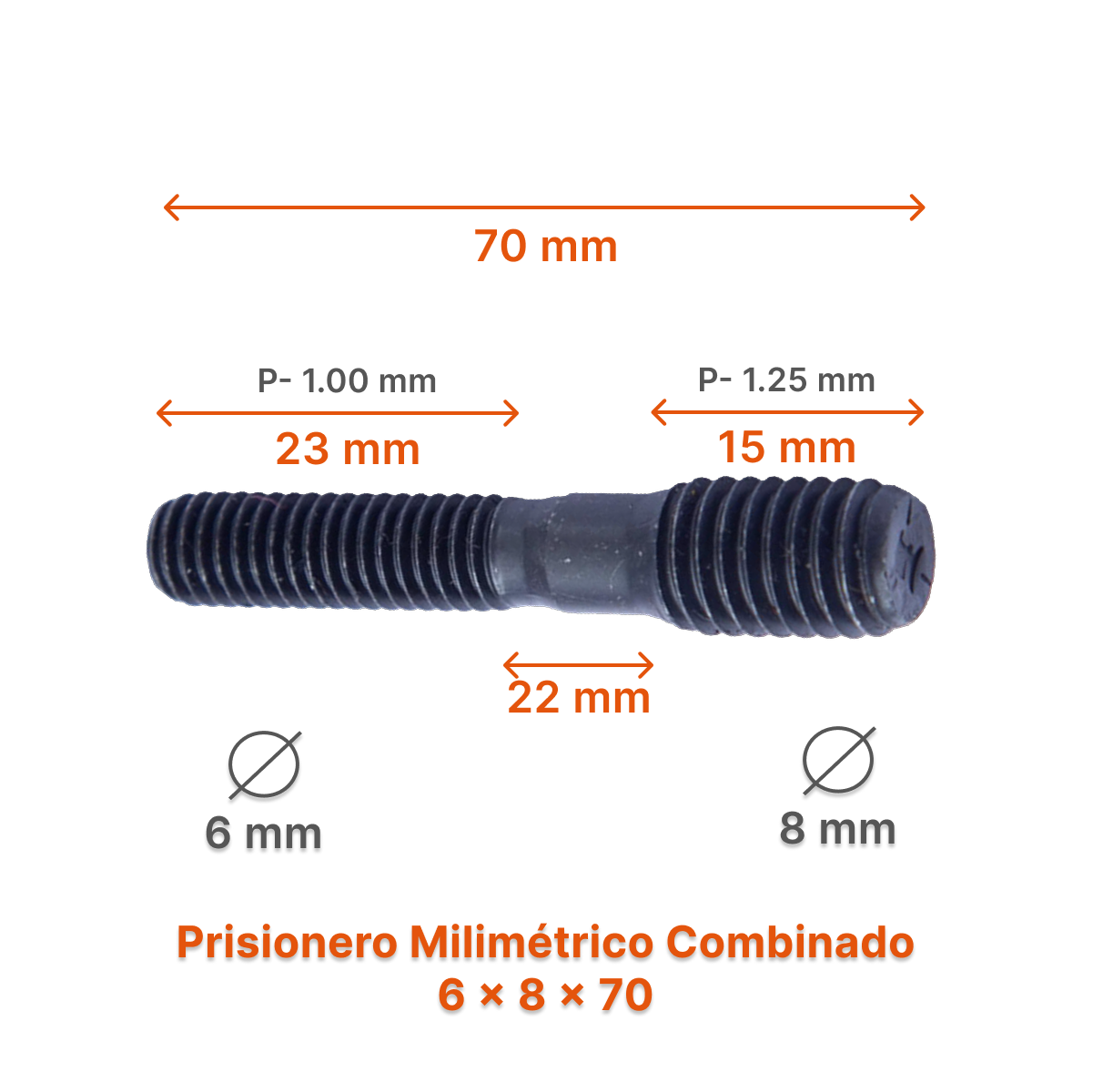 Prisionero Milimétrico Diámetro Combinado M6 x M8 P 1.00 - 1.25 – Varias Medidas