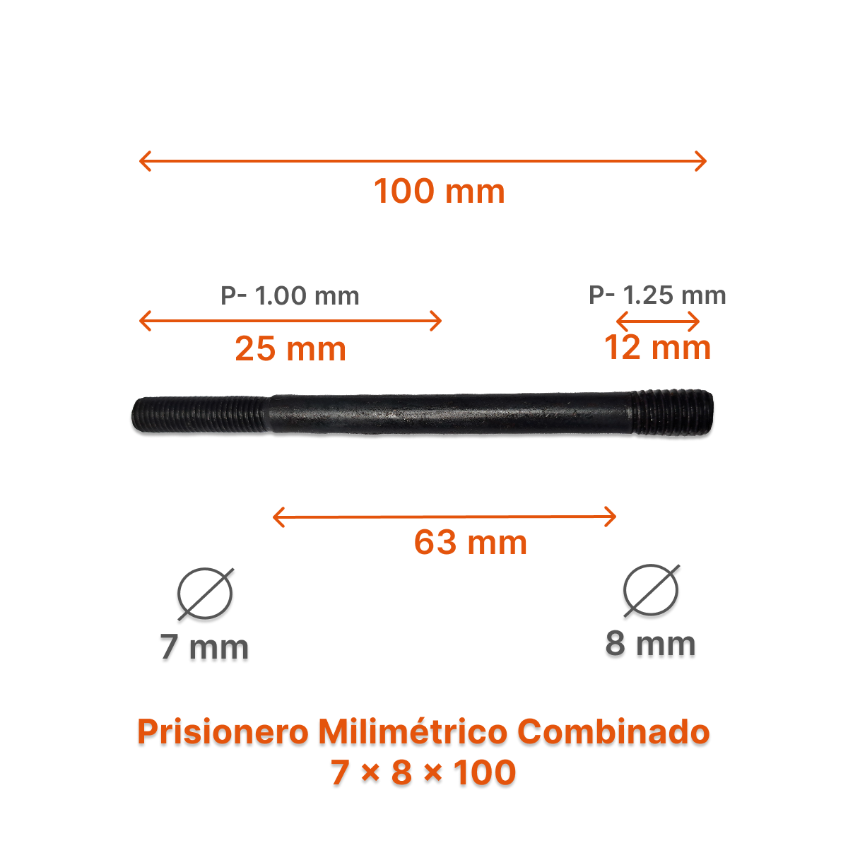 Prisionero Milimétrico Diámetro Combinado M7 x M8 P 1.00 - 1.25 – Varias Medidas