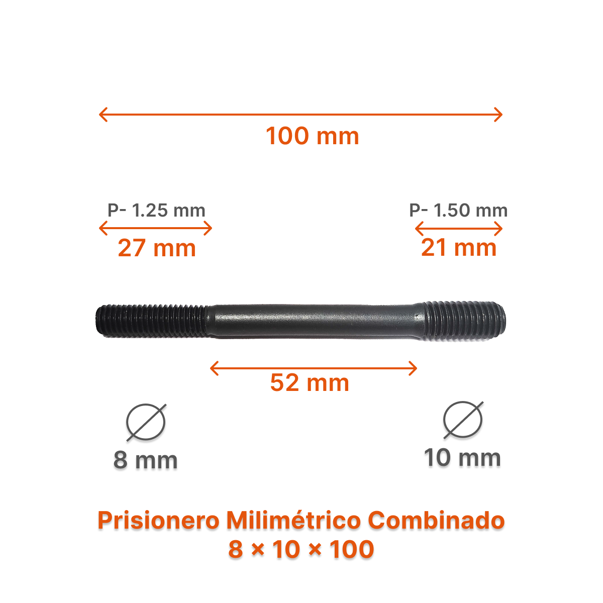 Prisionero Milimétrico Diámetro Combinado M8 x M10 P 1.25 - 1.50 – Varias Medidas