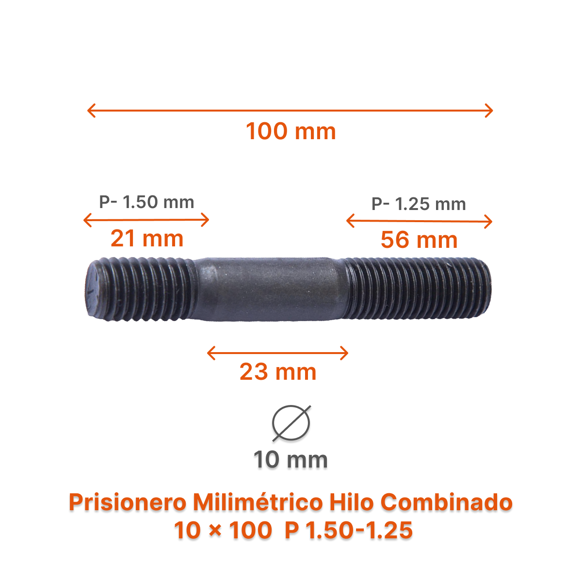 Prisionero Milimétrico Hilo Combinado M10 P 1.50 - 1.25 – Varias Medidas