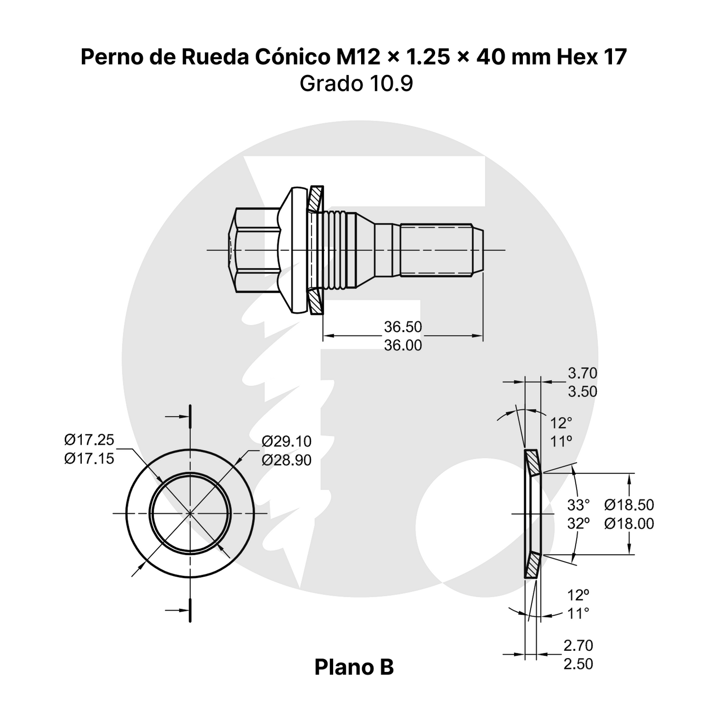 Perno de Rueda Cónico M12 x 1.25 x 40 mm Hex 17 – Grado 10.9