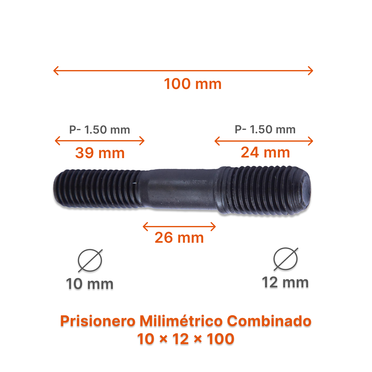 Prisionero Milimétrico Diámetro Combinado M10 x M12 P 1.50 - 1.50 – Varias Medidas
