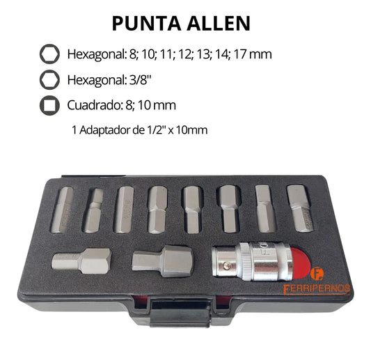 Juego de Puntas para Dado 1/2” – 11 Piezas Allen y Cuadradas – Force