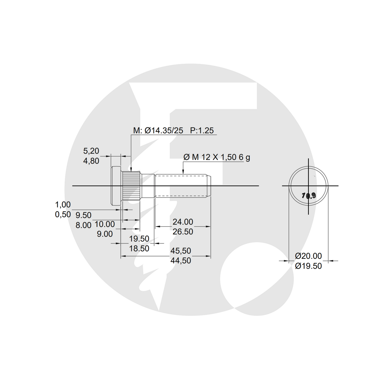 Perno de Rueda con Estría M12 x 1.50 x 45 mm– Grado 10.9
