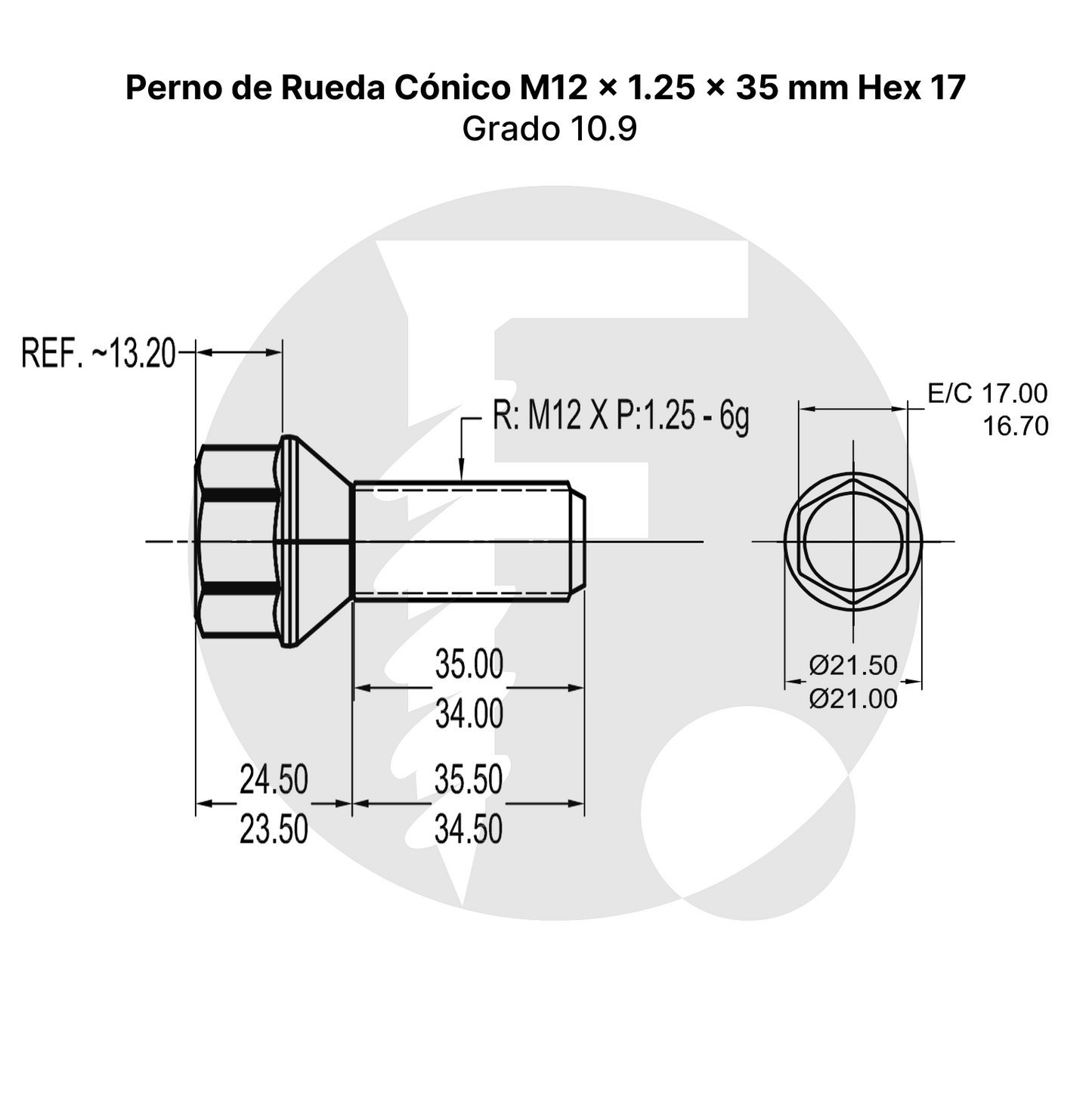 Perno de Rueda Cónico M12 x 1.25 x 35 mm Hex 17 – Grado 10.9
