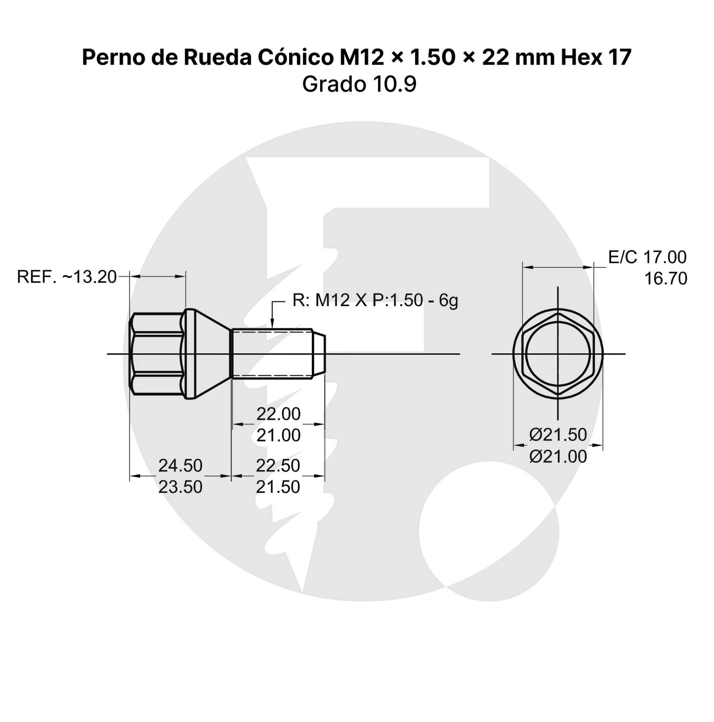 Perno de Rueda Cónico M12 x 1.50 x 22 mm Hex 17 – Grado 10.9
