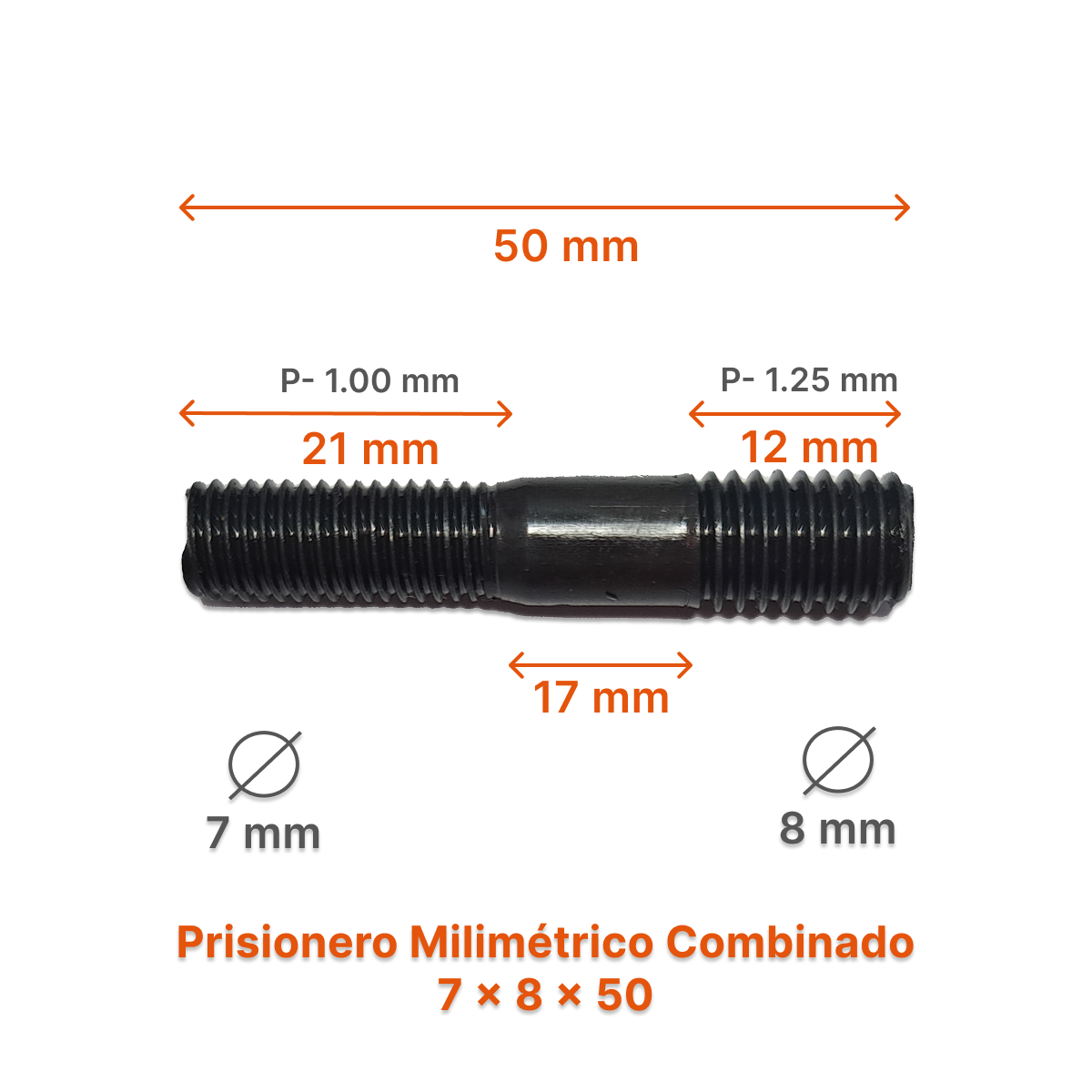 Prisionero Milimétrico Diámetro Combinado M7 x M8 P 1.00 - 1.25 – Varias Medidas