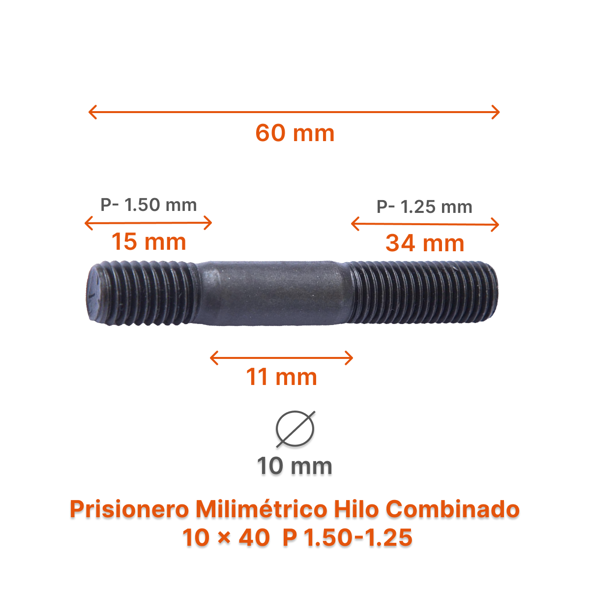 Prisionero Milimétrico Hilo Combinado M10 P 1.50 - 1.25 – Varias Medidas