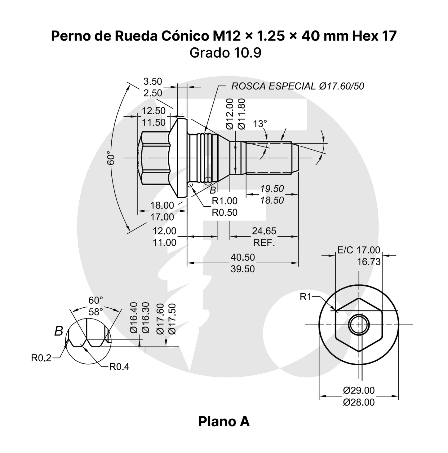Perno de Rueda Cónico M12 x 1.25 x 40 mm Hex 17 – Grado 10.9